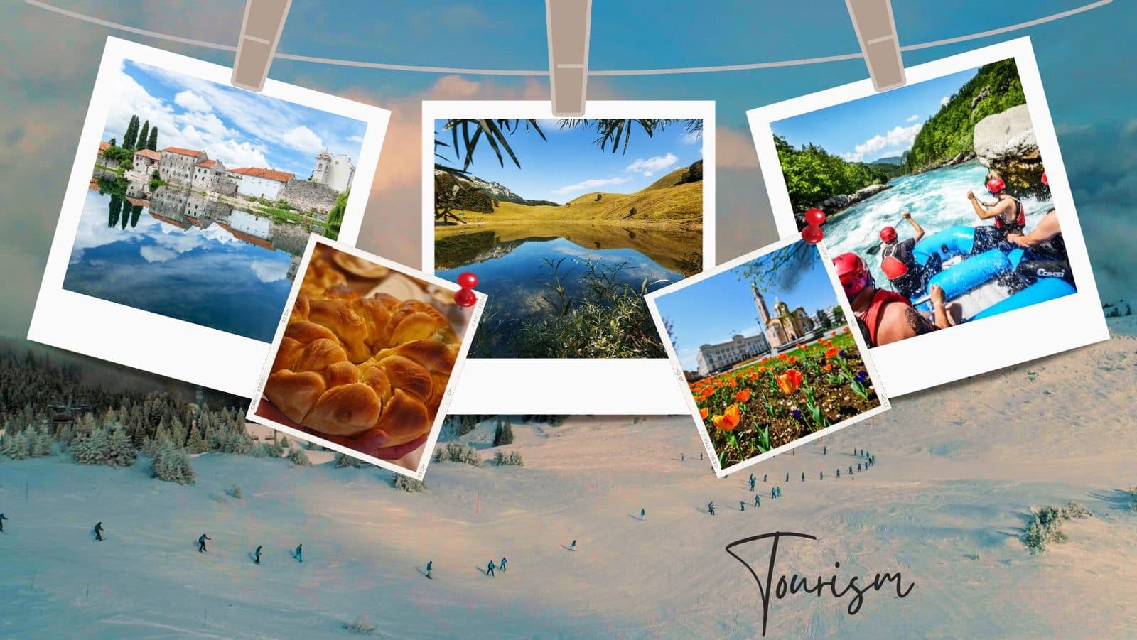 A tourism collage: riverside old town, homemade bread, mountain lake, Banja Luka, rafting, and skiing