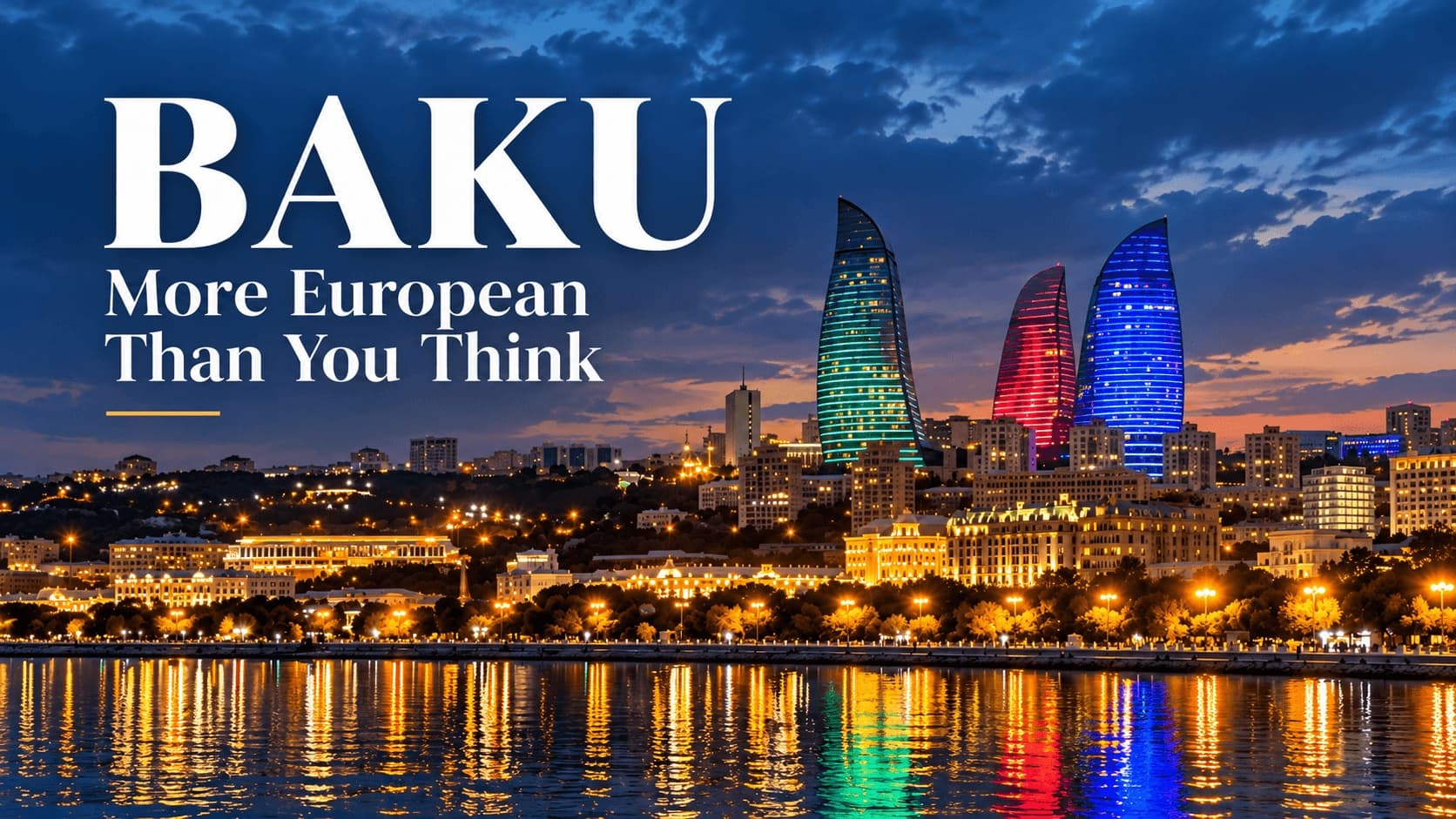 Baku at night, the illuminated Flame Towers and the Caspian shore
