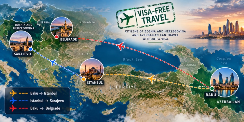 Map of flights Baku – Istanbul – Sarajevo and Baku – Belgrade, visa-free travel