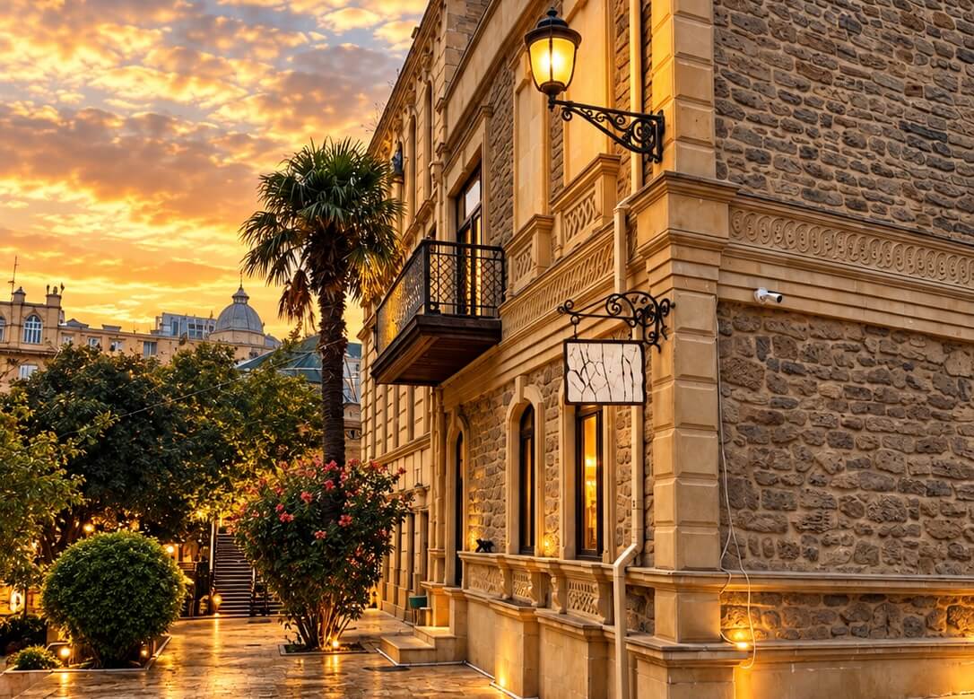 A stone house with a balcony in central Baku