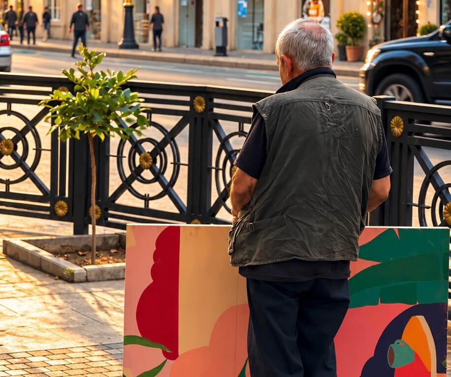 A man carrying an art photograph down a street in Baku