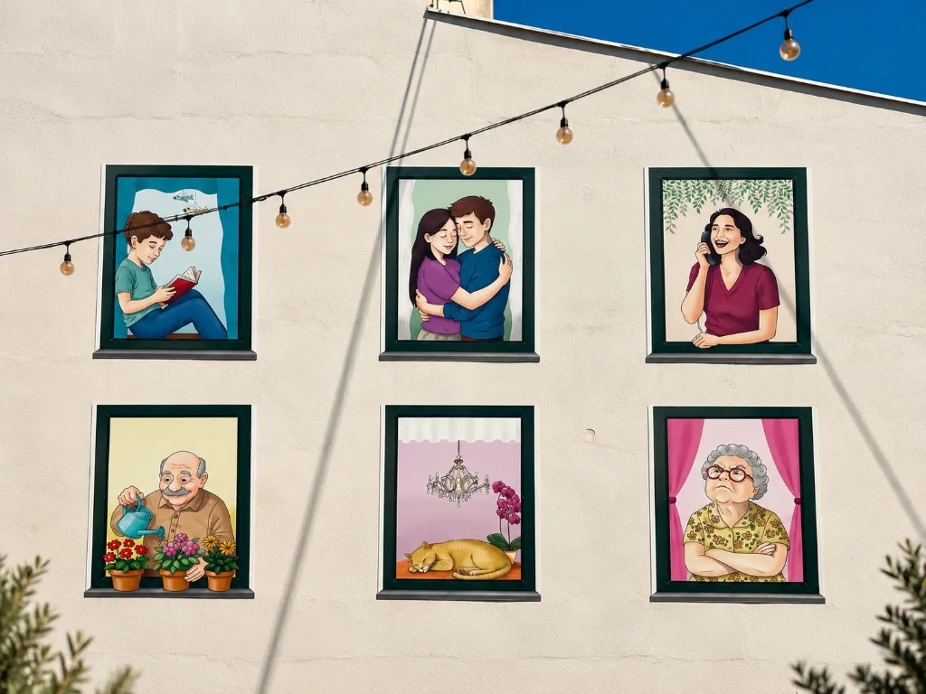 Mural na zgradi u Derventi, prozori sa ilustracijama života