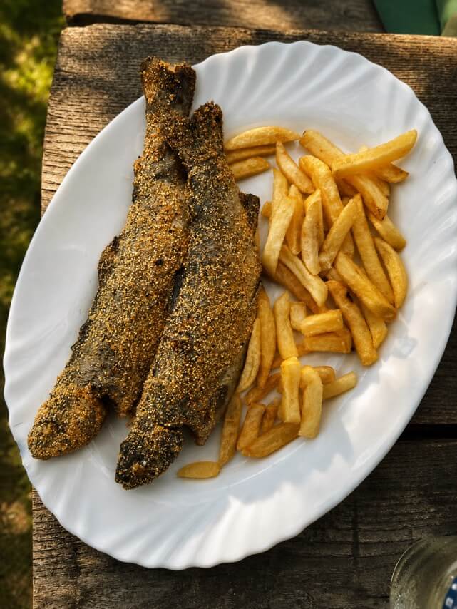 Fried trout and fries on a plate at Raj na vodi